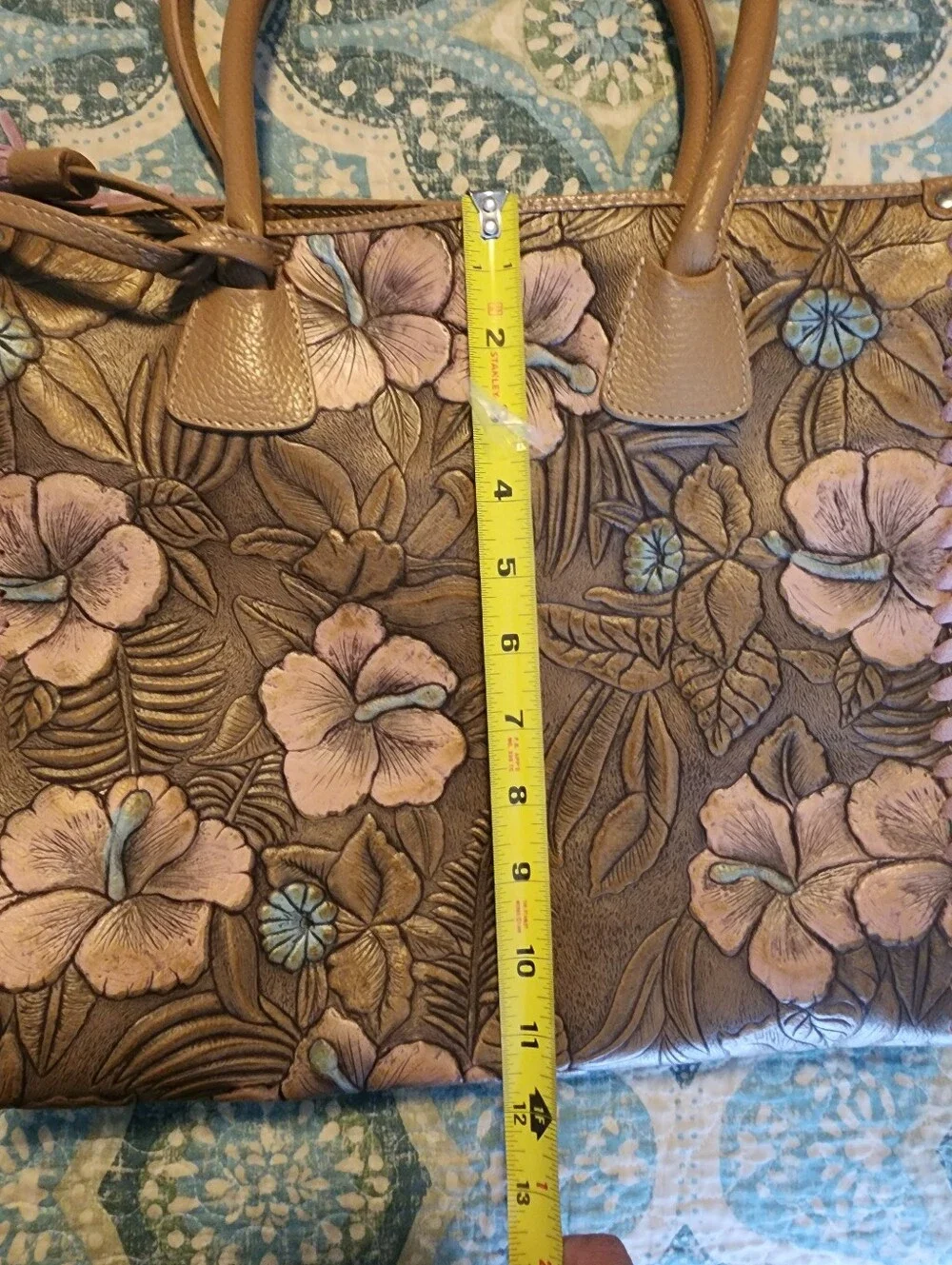 Claudia Firenze Embossed Boho Floral Leather Tote Bag with Tassels - Pink Brown